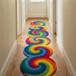 Perspective lifestyle view of the Spectrum Rings runner rug placed on a warm wooden floor in a brightly lit hallway, showcasing the dynamic repeating circular swirl design and the playful wavy scalloped silhouette extending down the corridor.