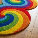 Close-up angled view of the Spectrum Rings runner rug on a wooden floor, highlighting the dense, plush hand-tufted New Zealand wool and viscose silk texture, the vivid rainbow colors of the concentric ring pattern, and the gracefully contoured circular edge.