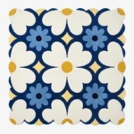 Top down view of the Sun Dot Posy square rug featuring a retro geometric floral pattern with cream and blue flowers on a navy background with scalloped edges.