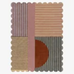 Top down view of the Terra Rift rug featuring a color-blocked design with striped quadrants in purple, peach, and grey, accented by a terracotta semi-circle and scalloped edges.