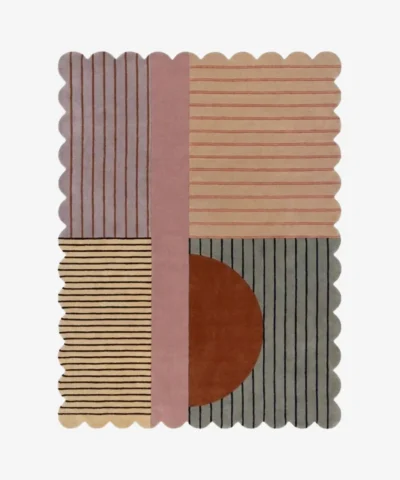 Top down view of the Terra Rift rug featuring a color-blocked design with striped quadrants in purple, peach, and grey, accented by a terracotta semi-circle and scalloped edges.