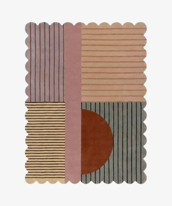 Top down view of the Terra Rift rug featuring a color-blocked design with striped quadrants in purple, peach, and grey, accented by a terracotta semi-circle and scalloped edges.