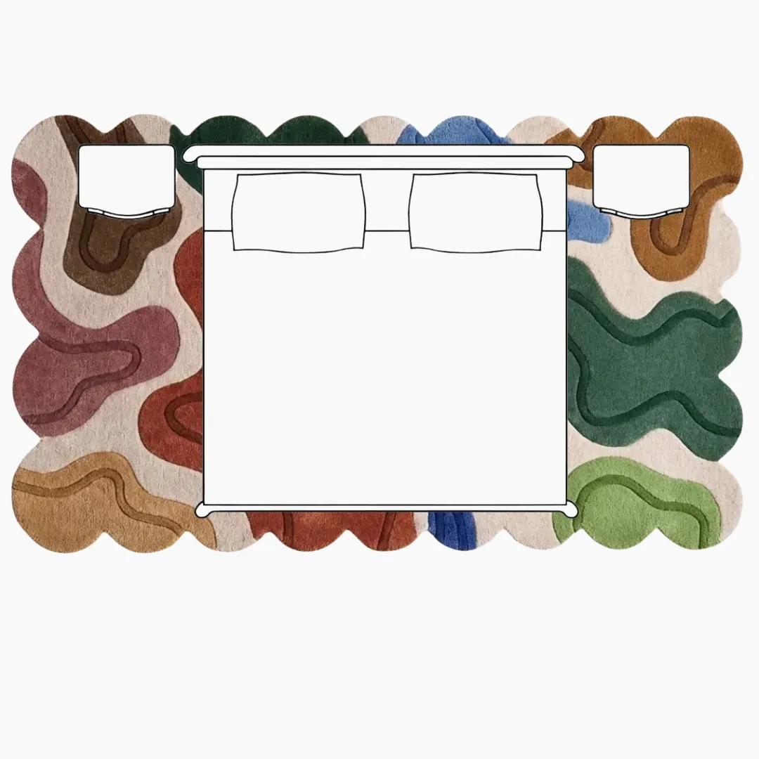 Top down diagram of a large master bedroom layout showing a massive 10x14 scalloped rug placed under the entire bed and nightstands, creating a luxurious and unified foundation for the room.