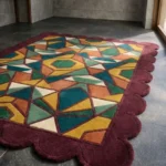 Perspective view of the Autumn Prism rug on a dark floor, highlighting the plush hand-tufted wool texture and the vibrant, stained-glass inspired geometric design.