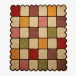 Top down view of the Autumn Tile Square rug featuring a vibrant checkered pattern in earthy red, mustard yellow, olive green, pink, and cream, finished with a dark brown grid and scalloped edge.