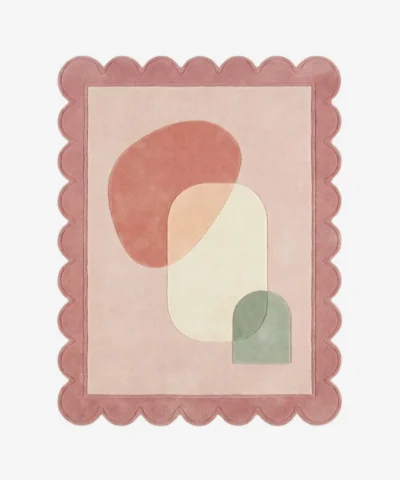 Top down view of the Blush Aurea rug featuring a luxurious blend of soft blush pink and golden aurea yellow accents on a plush wool background, finished with custom scalloped edges.