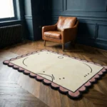 Perspective view of the Canvas Scribble rug styled in a room with dark blue walls and leather furniture, showing how the artsy design adds a creative touch to the space.