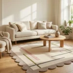 High angle view of the Clay Trace Square rug, showcasing its abstract linear design and soft taupe scalloped edges next to modern furniture.