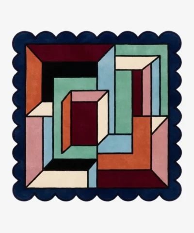Top down view of the Framed Passage Square rug featuring a structured geometric design with a bold defining border and a central open field in high-quality wool.