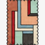 Top down view of the Linear Pathways rug featuring a modern geometric pattern of interlocking lines and pathways on a high-quality wool background, finished with custom scalloped edges.