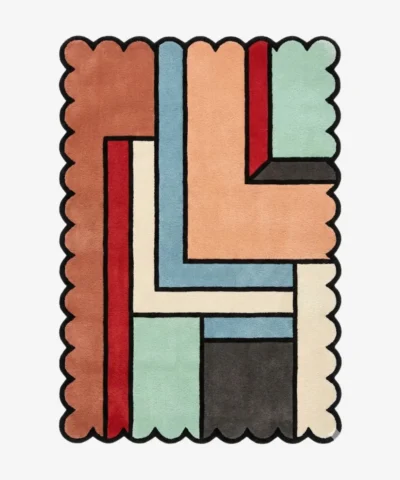 Top down view of the Linear Pathways rug featuring a modern geometric pattern of interlocking lines and pathways on a high-quality wool background, finished with custom scalloped edges.