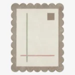 Top down view of the Mist Alba rug featuring a serene blend of soft misty grey and bright alba white wool, finished with custom scalloped edges.