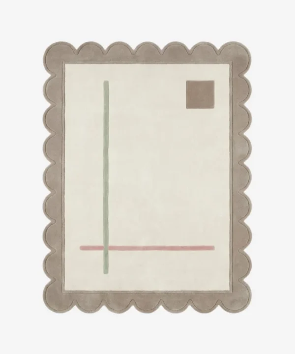 Top down view of the Mist Alba rug featuring a serene blend of soft misty grey and bright alba white wool, finished with custom scalloped edges.