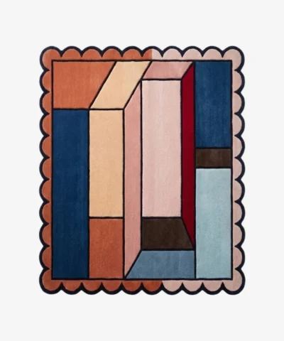 Top down view of the Muted Studio Square Rug featuring a contemporary design in soft, muted tones of beige and grey, designed to complement a modern creative space, finished with custom scalloped edges.