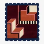 Top down view of the Noir Blocks Square Rug featuring a striking geometric pattern of alternating deep noir black and charcoal grey blocks, finished with a custom scalloped edge.