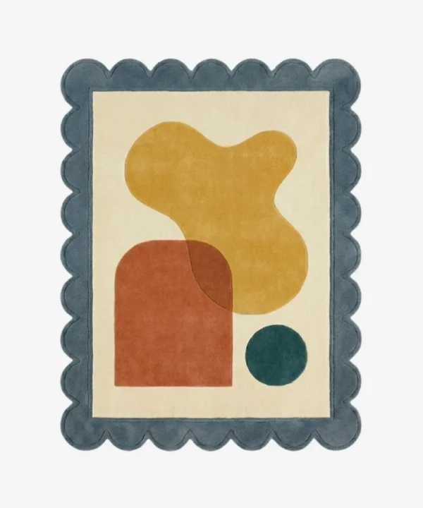 Top down view of the Ochre Loom rug featuring a warm mustard yellow wool background with a textured, woven-inspired pattern, finished with custom scalloped edges.