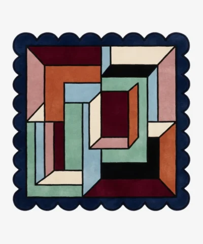 Top down view of the Offset Vault Square rug featuring a modern architectural pattern with staggered geometric blocks in high-quality wool, designed in a classic square shape.