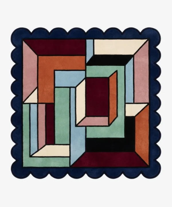 Top down view of the Offset Vault Square rug featuring a modern architectural pattern with staggered geometric blocks in high-quality wool, designed in a classic square shape.