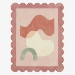 Top down view of the Peach Wisp rug featuring a delicate, airy design in soft peach and cream wool, mimicking the look of floating wisps, finished with custom scalloped edges.