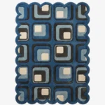 Top down view of the Retrose Orchid rug featuring a vibrant retro grid design of nested rounded squares in navy, light blue, grey, and cream, completely surrounded by a continuous blue scalloped border.