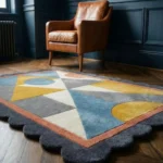The Saffron Drift rug styled in a room with a leather armchair and dark blue walls, showing how the yellow geometric shapes add a warm, retro-modern pop to the space.