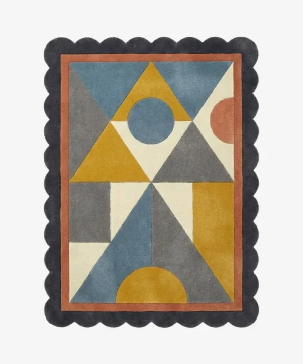 Top down view of the Saffron Drift rug featuring a warm saffron yellow and geometric pattern that creates a sense of movement, finished with custom scalloped edges.