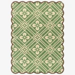 Top-down view of the Sage Dream rug against a white background, featuring an intricate repeating geometric lattice pattern with four-petal floral motifs in cream over a sage green background, framed by a continuous brown scalloped border.