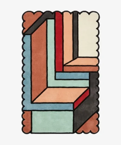 Top down view of the Sage Echo rug featuring a calming sage green wool center framed by a delicate lighter green contour line that echoes the shape, finished with a thick matching scalloped border.