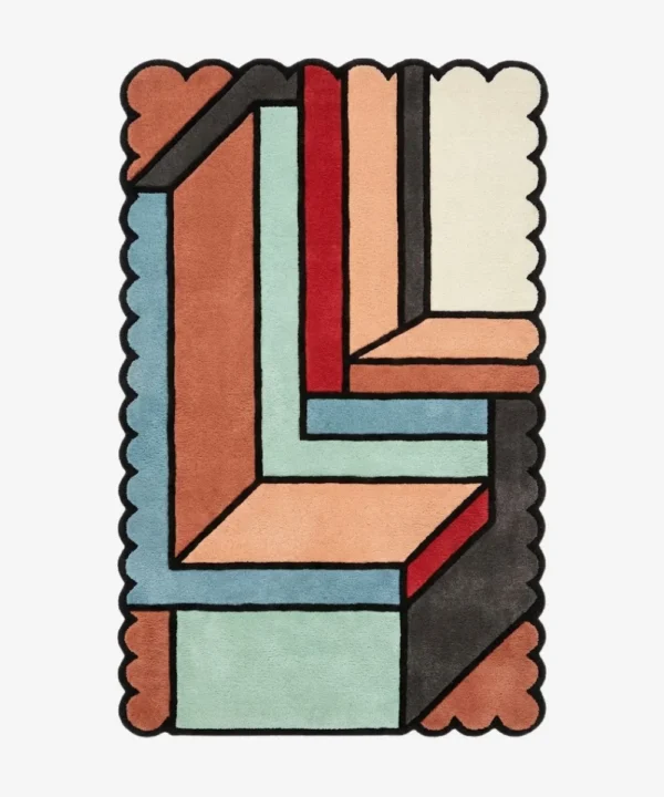 Top down view of the Sage Echo rug featuring a calming sage green wool center framed by a delicate lighter green contour line that echoes the shape, finished with a thick matching scalloped border.