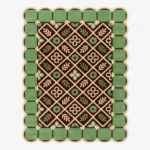 Top-down view of the Scroll Halo rug against a white background, featuring a dark brown center with a geometric diamond lattice pattern enclosing alternating cream floral motifs and light green leaf sprigs, surrounded by a light green square tile border and framed by a continuous cream scalloped edge.