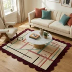 Perspective view of the Sienna Veil rug styled in a bright living space, featuring abstract geometric lines in teal and pink on a cream background.