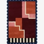 Top down view of the Stepped Field rug featuring a rhythmic geometric step pattern in earthy field tones on a plush wool background, finished with custom scalloped edges.