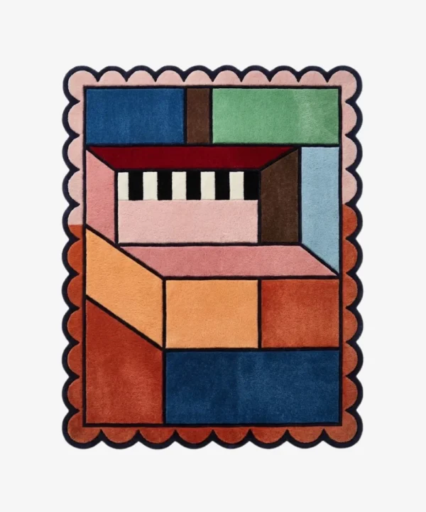 Top down view of the Studio Block rug featuring a bold geometric block pattern in modern contrasting tones on a high-quality wool background, finished with custom scalloped edges.