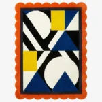 Top down view of the Sunpatch Mosaic rug featuring a bold geometric pattern with blue triangles, yellow blocks, and black and white accents, framed by a vibrant orange scalloped edge.