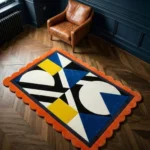 The Sunpatch Mosaic rug styled in a playful modern room with a blue floor and yellow chair, showing how the primary colors create a vibrant focal point.
