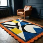 Perspective view of the Sunpatch Mosaic rug placed on a chevron wood floor near a leather armchair, highlighting the contrast between the modern geometric design and classic furniture.