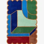 Top down view of the Sunroom Courtyard rug featuring a vibrant geometric pattern reminiscent of sunny courtyard tiles in shades of yellow, cream, and terracotta, finished with a custom scalloped edge.