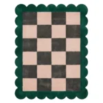 Top down view of the Verda Current rug featuring a deep green wool background with a fluid, wavy line pattern resembling a flowing river current, finished with custom scalloped edges.