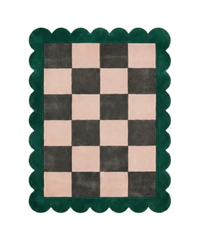 Top down view of the Verda Current rug featuring a deep green wool background with a fluid, wavy line pattern resembling a flowing river current, finished with custom scalloped edges.