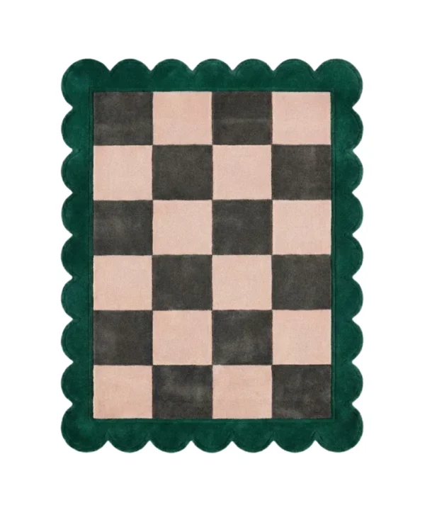 Top down view of the Verda Current rug featuring a deep green wool background with a fluid, wavy line pattern resembling a flowing river current, finished with custom scalloped edges.