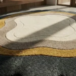 Close-up angled detail of the Aurelith Flow round rug bathed in sunlight, showcasing the plush hand-tufted wool texture and the crisply carved lines separating the charcoal, mustard, taupe, and cream wavy layers.