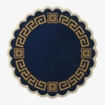 A top-down flat lay view of the entire round Aurexion Loop rug against a grey studio background, showcasing its complete circular shape, the thick abstract charcoal grey continuous loop pattern on a cream field, and the charcoal scalloped edge.