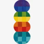 Top-down view of the Chromatic Stack runner rug against a white background, featuring four connected circular segments, each displaying a tonal checkerboard pattern in vibrant shades of purple, green, orange, and teal.