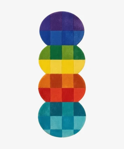 Top-down view of the Chromatic Stack runner rug against a white background, featuring four connected circular segments, each displaying a tonal checkerboard pattern in vibrant shades of purple, green, orange, and teal.