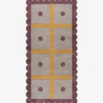 Top-down view of the rectangular Honey Lattice runner rug, featuring a crisp yellow grid over a light grey background with purple circles inside each block, all framed by a thick purple wavy border.