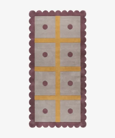 Top-down view of the rectangular Honey Lattice runner rug, featuring a crisp yellow grid over a light grey background with purple circles inside each block, all framed by a thick purple wavy border.