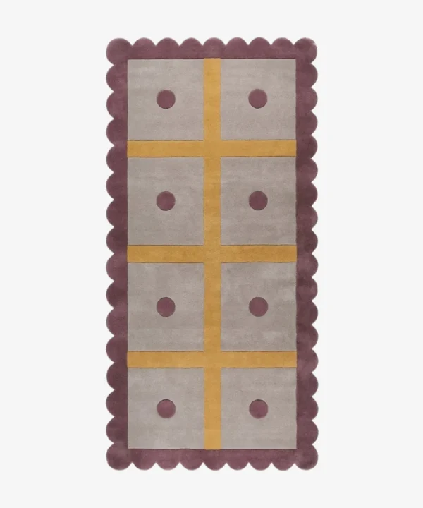 Top-down view of the rectangular Honey Lattice runner rug, featuring a crisp yellow grid over a light grey background with purple circles inside each block, all framed by a thick purple wavy border.