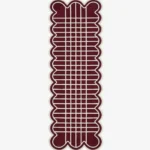 Top down view of the hand-tufted Marvion Trace Runner Rug featuring a deep burgundy background, a cream geometric grid pattern, and scalloped edges.