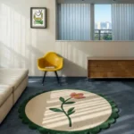 Perspective view of the Petal Poise scalloped rug styled in a modern, sunlit living space, resting on a dark floor and beautifully complementing a bright mid-century yellow accent chair and wooden dresser.