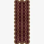 Top down view of the hand-tufted Solyvr Axis Runner Rug featuring a rich burgundy background, a gold geometric diamond pattern, and scalloped edges.